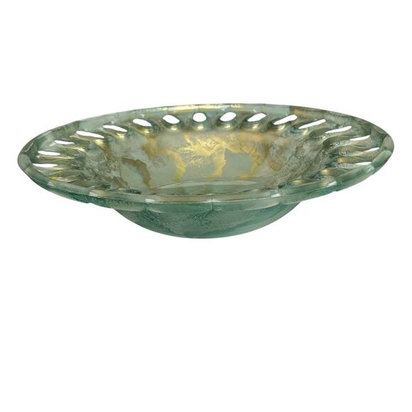 Vintage Recycled Glass Turquoise and Gold Large Bowl 16” - Picture 5 of 10